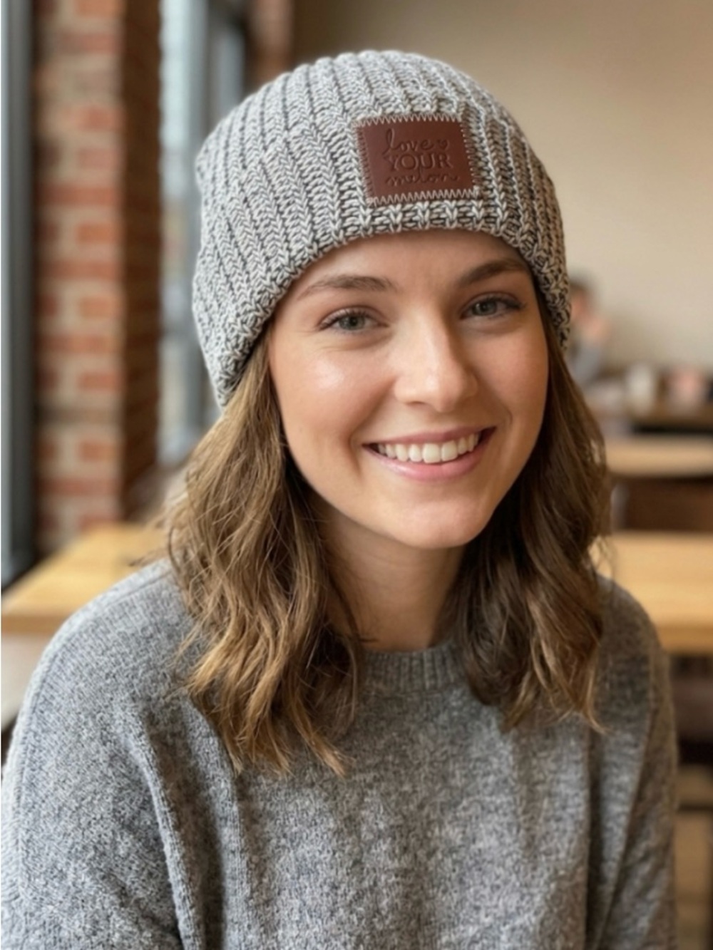 Love Your Melon Gray Ribbed Knit Beanie with Leather Patch